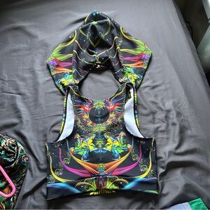 Badinka synergy sleeveless Hooded Tank Top Psychedelic Print Rave Party Women M